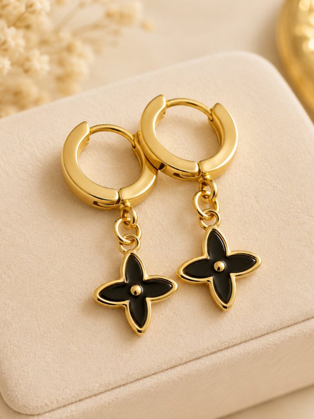 Gold Huggie Hoop Earrings with Black Clover Charms